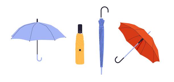 مجموعة من المظلات المختلفة في أوضاع مختلفة. مظلات مفتوحة ومطوية.